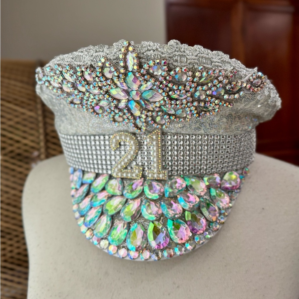 21st birthday festival sequin burning man glamour Silver Embellished‎ hat - Picture 8 of 8